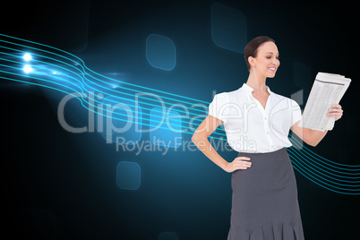 Composite image of cheerful stylish businesswoman holding newspa