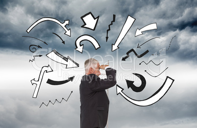 Composite image of mature businessman standing on ladder