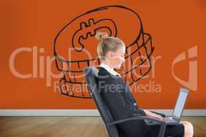 Composite image of businesswoman sitting on swivel chair with la