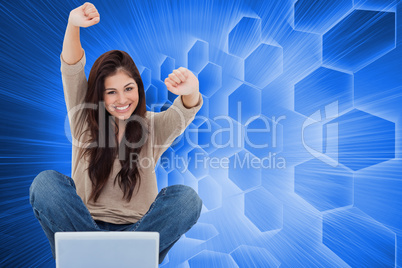 Composite image of woman looks straight ahead as she celebrates