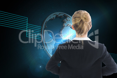 Composite image of businesswoman standing with hands on hips Composite image of businesswoman standing with hands on hips