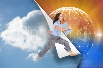 Composite image of cheerful classy businesswoman jumping while h