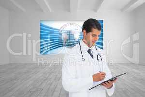 Composite image of smiling doctor holding pen and clipboard