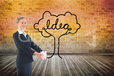 Composite image of businesswoman holding pink piggy bank