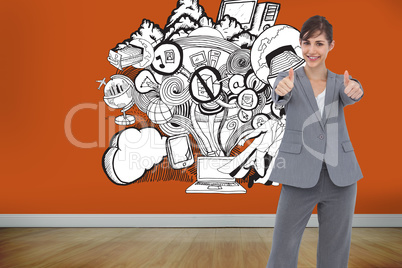 Composite image of smiling businesswoman giving thumbs up