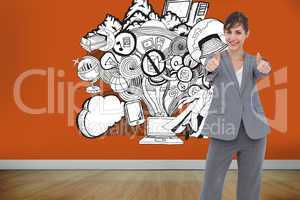 Composite image of smiling businesswoman giving thumbs up