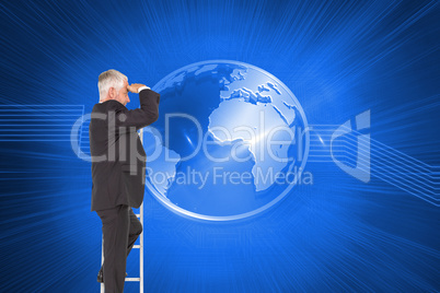 Composite image of mature businessman standing on ladder