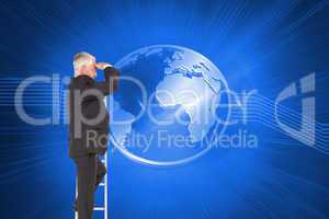 Composite image of mature businessman standing on ladder