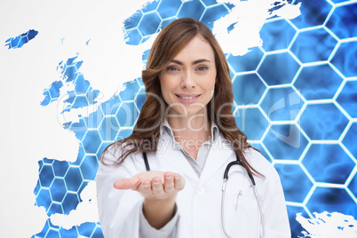 Composite image of smiling doctor presenting her hand