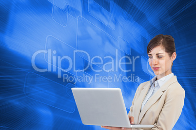 Composite image of confident businesswoman holding laptop