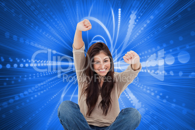 Composite image of woman looks straight ahead as she celebrates