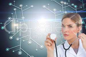 Composite image of serious nurse listening with stethoscope