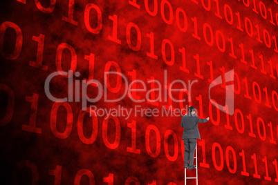 Composite image of businessman standing on ladder