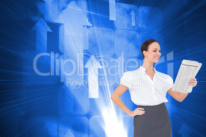 Composite image of cheerful stylish businesswoman holding newspa