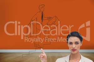 Composite image of serious businesswoman with hands up