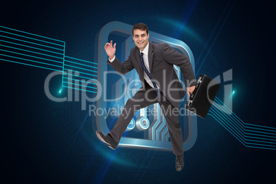 Composite image of cheerful businessman in a hury