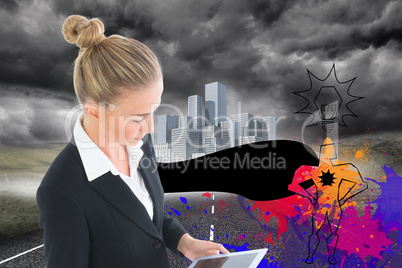 Composite image of businesswoman holding tablet