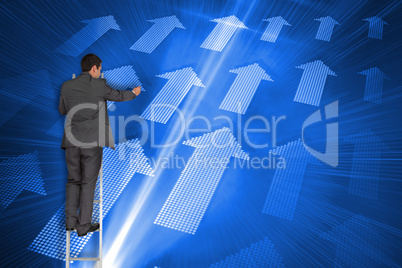 Composite image of businessman standing on ladder