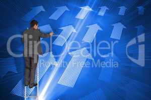 Composite image of businessman standing on ladder