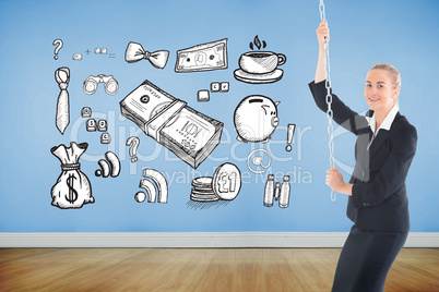 Composite image of businesswoman pulling a chain Composite image of businesswoman pulling a chain
