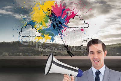 Composite image of smiling businessman holding a megaphone