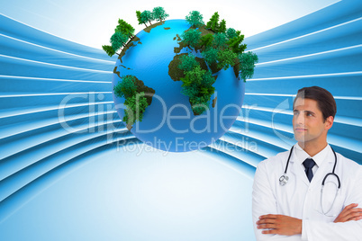 Composite image of confident doctor with arms crossed looking up