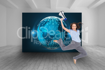 Composite image of cheerful classy businesswoman jumping while h