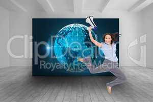 Composite image of cheerful classy businesswoman jumping while h