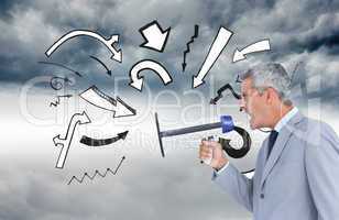 Composite image of businessman shouting in loudspeaker