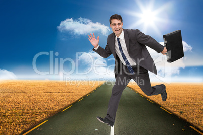 Composite image of smiling businessman in a hury Composite image of smiling businessman in a hury