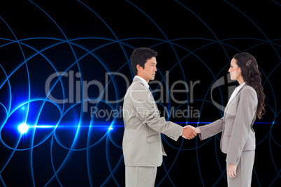 Composite image of side view of hand shaking trading partners