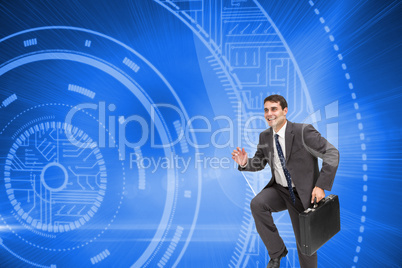 Composite image of cheerful businessman in a hury