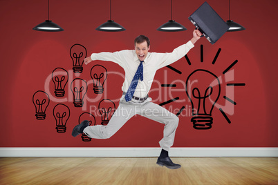 Composite image of cheerful jumping businessman with his suitcas