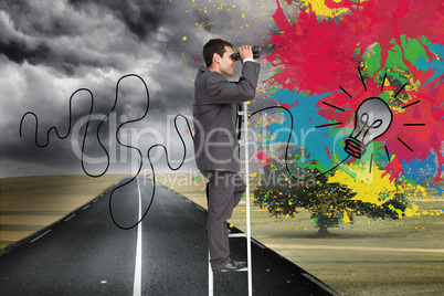 Composite image of businessman standing on ladder