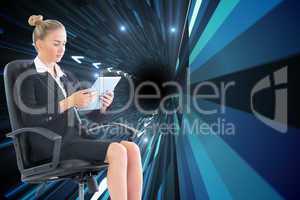 Composite image of businesswoman sitting on swivel chair with ta