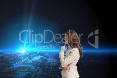 Composite image of profile view of doubtful businesswoman standi