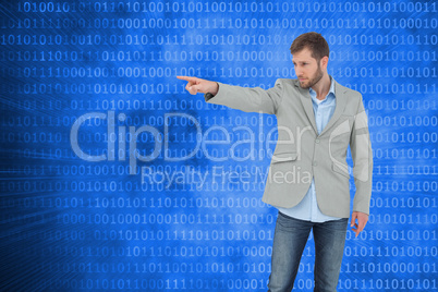 Composite image of trendy model pointing to something