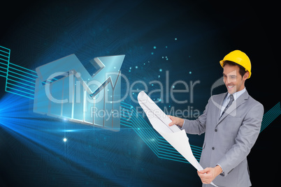 Composite image of smiling architect with hard hat looking at pl