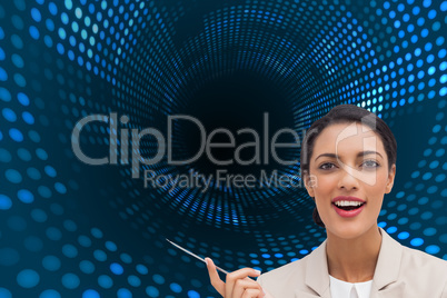 Composite image of smiling businesswoman holding a pen