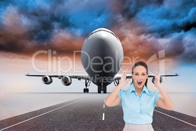 Composite image of surprised stylish businesswoman posing