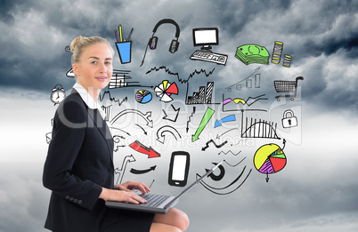 Composite image of businesswoman using laptop