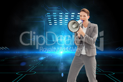 Composite image of businesswoman talking on a megaphone