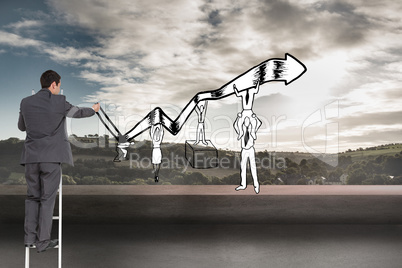 Composite image of businessman standing on ladder Composite image of businessman standing on ladder