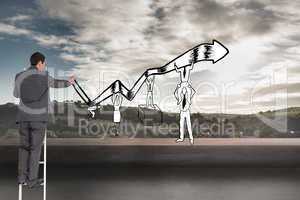 Composite image of businessman standing on ladder