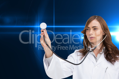 Composite image of thoughtful doctor using stethoscope