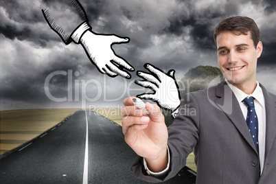 Composite image of young businessman writing something