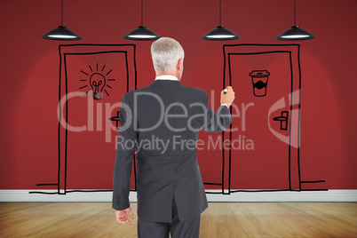 Composite image of rear view of businessman standing and writing