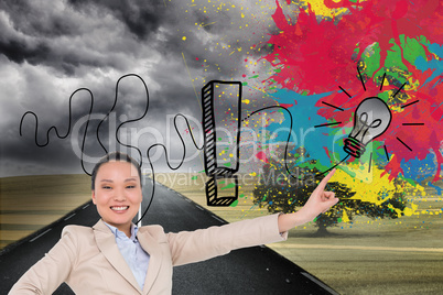 Composite image of smiling asian businesswoman pointing