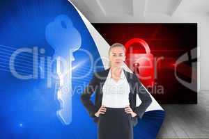 Composite image of businesswoman standing with hands on hips