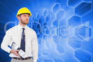 Composite image of young architect posing with hard hat and plan